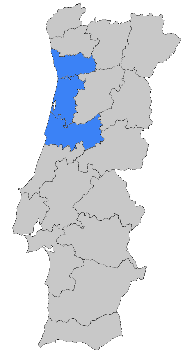 Mapa de Portugal continental com os distritos de Porto, Aveiro e Coimbra destacados a azul